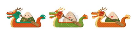Téléchargez les illustrations : Festival asiatique, bateau dragon et collection zongzi de dragon boat festival, vecteur d'illustration comique - en licence libre de droit