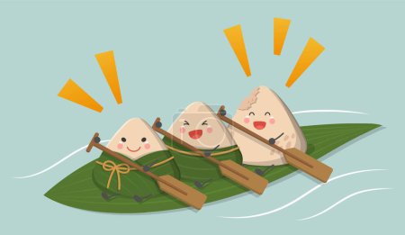 Illustration for Festivals in China and Taiwan: Dragon Boat Festival, Oriental traditional food made of glutinous rice, cartoon characters rowing - Royalty Free Image