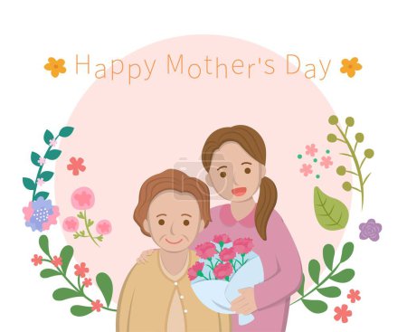 Illustration for Mother's Day comic characters vector illustration, mother and daughter celebrating holiday, card surrounded by flowers - Royalty Free Image