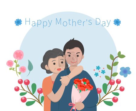 Ilustración de Día de la Madre personajes cómicos vector ilustración, madre e hijo celebrando la fiesta, tarjeta rodeada de flores y plantas - Imagen libre de derechos