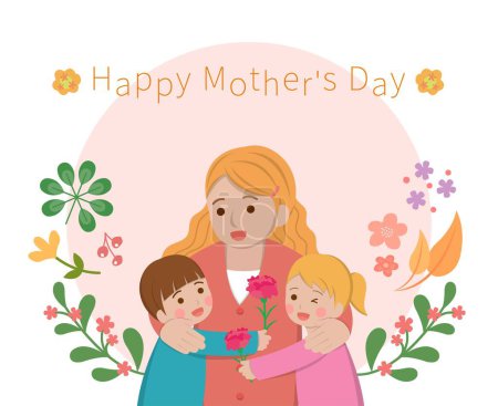 Illustration for Mother's Day comic characters vector illustration, mother and son and daughter celebrating holiday, card surrounded by flowers - Royalty Free Image