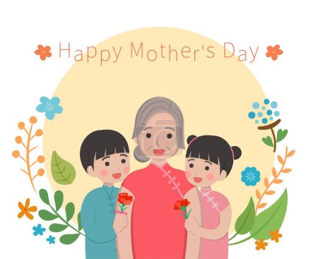 Ilustración de Día de la Madre personajes cómicos vector ilustración, madre o abuela con el hijo y la hija celebrando la fiesta, tarjeta rodeada de flores - Imagen libre de derechos