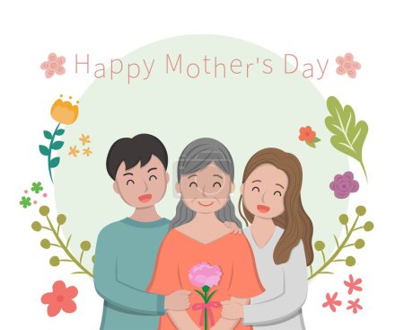 Ilustración de Día de la Madre personajes cómicos vector ilustración, madre e hijo e hija celebrando la fiesta, tarjeta rodeada de flores - Imagen libre de derechos