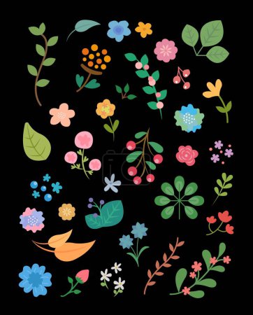 Téléchargez les illustrations : Composition d'illustrations vectorielles florales ou botaniques colorées isolées sur fond noir, icône simple ou illustration ou graphique - en licence libre de droit
