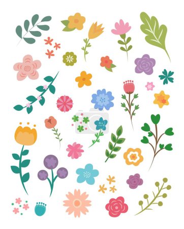 Téléchargez les illustrations : Composition d'illustrations vectorielles florales ou botaniques colorées isolées sur fond blanc, icône simple ou illustration ou graphique - en licence libre de droit