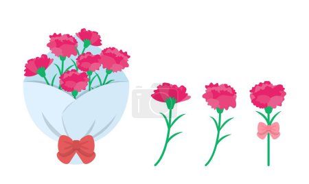 Téléchargez les illustrations : Bouquet oeillet rose pour la fête des mères illustration vectorielle ou ensemble d'icônes, bouquet ou fleur simple - en licence libre de droit