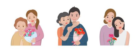 Illustration for Mother's Day comic characters vector illustration, mother and daughter with son celebrating holiday with carnation set - Royalty Free Image