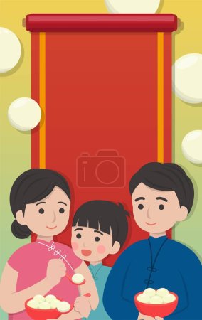 Illustration for Chinese festival, Lantern Festival or Winter Solstice, Asian desserts: glutinous rice balls, new year elements, family, comic cartoon characters illustration vector - Royalty Free Image