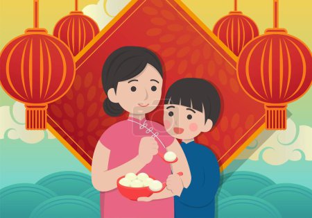 Illustration for Chinese holiday, Lantern Festival or Winter Solstice or New Year's banner design, mother and child eating glutinous rice balls, spring couplets and lanterns background - Royalty Free Image