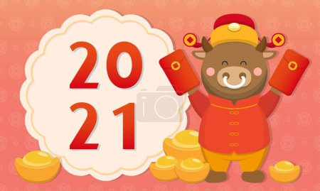 Téléchargez les illustrations : Joyeux boeuf zodiaque mignon célébrant le Nouvel An chinois, 2021 éléments du Nouvel An carte de vœux horizontale et affiche carte de visite - en licence libre de droit