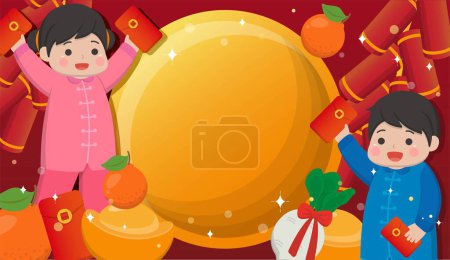 Téléchargez les illustrations : Heureux enfants mignons célébrant le Nouvel An chinois, carte de vœux avec des éléments de nouvelle année et un modèle d'affiche dans un style horizontal - en licence libre de droit