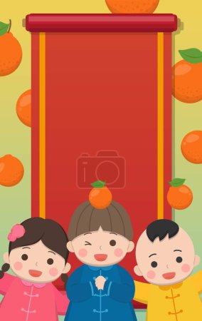 Téléchargez les illustrations : Heureux enfants mignons célébrant le Nouvel An chinois, carte de visite avec de nouveaux éléments de l'année carte de vœux et affiche verticale - en licence libre de droit