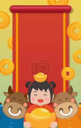 Téléchargez les illustrations : Enfants heureux et mignons célébrant le Nouvel An chinois avec la vache, carte de visite avec nouvel élément année carte de vœux et affiche verticale - en licence libre de droit