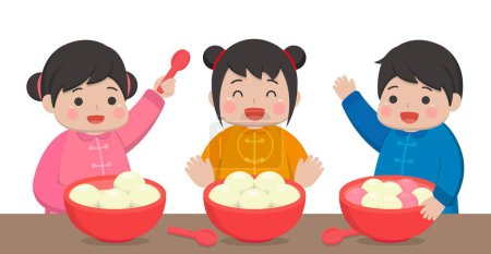 Téléchargez les illustrations : Fêtes chinoises et taïwanaises, desserts asiatiques à base de riz gluant : boules de riz gluant, collection d'enfants en costumes traditionnels, isolés sur fond blanc, illustration vectorielle de dessin animé - en licence libre de droit