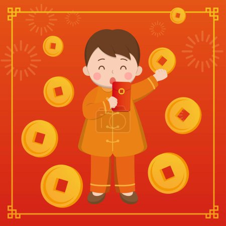 Téléchargez les illustrations : Enfants heureux mignons célébrant le Nouvel An chinois, pièces d'or et argent avec des enveloppes rouges, vecteur d'illustration comique - en licence libre de droit