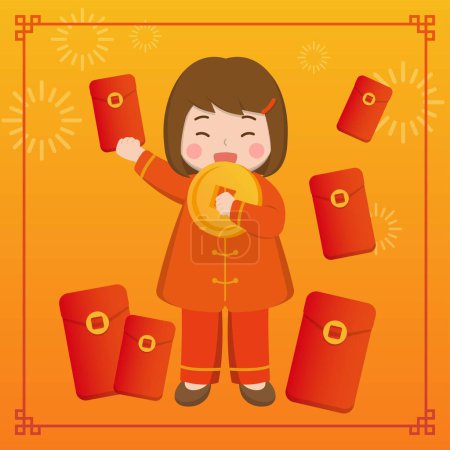 Téléchargez les illustrations : Enfants heureux mignons célébrant le Nouvel An chinois, pièces d'or et argent avec des enveloppes rouges, vecteur d'illustration comique - en licence libre de droit