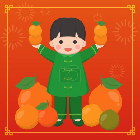 Téléchargez les illustrations : Enfants heureux mignons célébrant le Nouvel An chinois, mandarine avec feu d'artifice, vecteur d'illustration comique - en licence libre de droit