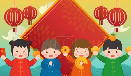 Téléchargez les illustrations : Heureux enfants mignons célébrant le Nouvel An chinois, carte de vœux avec des éléments de nouvelle année et affiche horizontale - en licence libre de droit