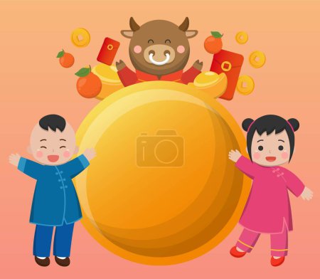 Téléchargez les illustrations : Nouvel An chinois du zodiaque Buffle avec enfants, affiches et cartes de vœux, illustration vectorielle de bande dessinée - en licence libre de droit