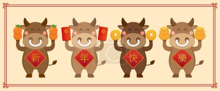 Ilustración de 4 toros del zodiaco chino celebrando el Año Nuevo Chino, ilustración de vectores cómicos de dibujos animados - Imagen libre de derechos