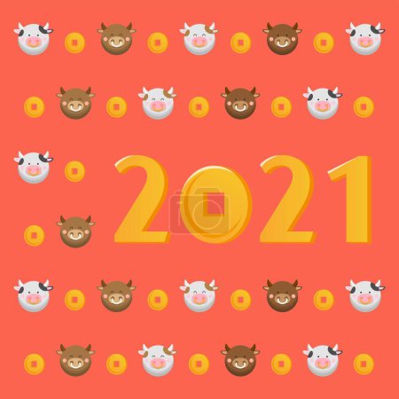 Illustration for Continuous graphic background of 2021 new year cute cartoon cow and gold coins, comic illustration vector - Royalty Free Image