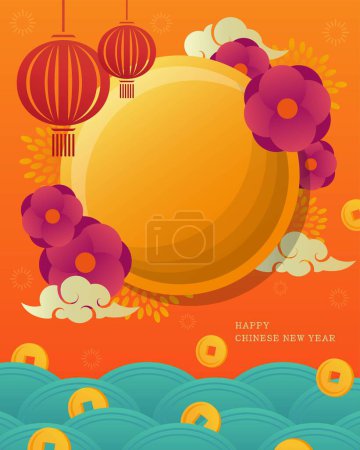 Ilustración de Vacaciones chinas, Año Nuevo Lunar o Festival de Medio Otoño, marco de estilo oriental chino dorado, tarjeta de felicitación vectorial - Imagen libre de derechos
