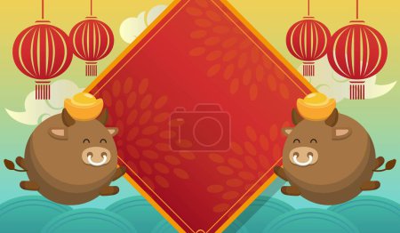 Ilustración de Cartel de celebración de año nuevo chino oriental, mascota de dibujos animados del zodíaco chino, vector de ilustración cómica - Imagen libre de derechos