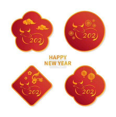 Ilustración de 4 tipos de diseño de ícono de toro con diseño de insignia roja dorada, elementos chinos de Año Nuevo - Imagen libre de derechos