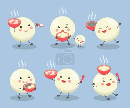 Illustration for 6 kinds of cute mascot combinations, sweets made of glutinous rice: glutinous rice balls, festivals in Asian countries: Lantern Festival or Winter Solstice - Royalty Free Image