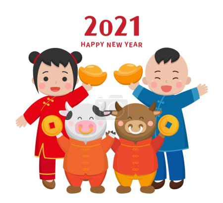 Téléchargez les illustrations : Nouvel An chinois, garçon et fille en costumes traditionnels avec bœuf zodiaque, illustration vectorielle de bande dessinée - en licence libre de droit
