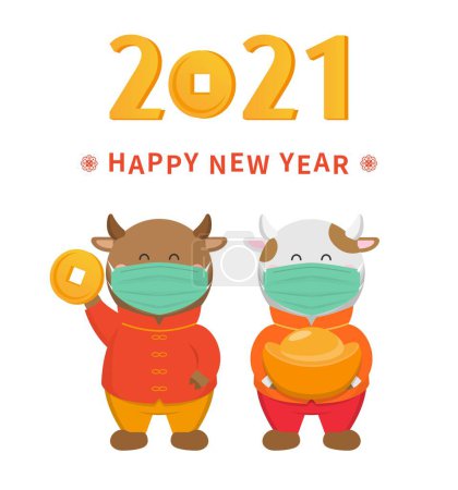 Ilustración de Año Nuevo Chino, 2021, Buey con máscara médica, Zodíaco chino, Ilustración de vectores cómicos de dibujos animados - Imagen libre de derechos