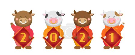 Ilustración de 4 vacas de modelado traje tradicional chino lindo celebración de pareados de primavera, elementos de Año Nuevo Chino, festival chino, celebración, ilustración de vectores de dibujos animados - Imagen libre de derechos
