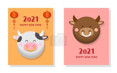 Illustration for Simple and elegant Chinese New Year card, bull and cow with lantern, celebrating Chinese festival, cartoon comic vector illustration - Royalty Free Image