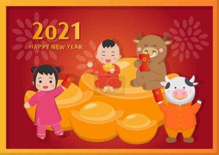 Ilustración de Año Nuevo Chino 2021, lindo buey del zodíaco y traje tradicional chino niño y niña tarjeta de felicitación, ilustración de vectores cómicos de dibujos animados - Imagen libre de derechos