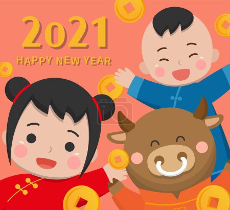 Illustration for Chinese New Year greeting card with cute children and baby and cow, 2021, celebratory card, cartoon comic vector illustration - Royalty Free Image