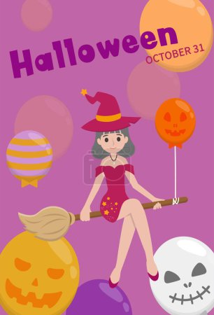 Illustration for Halloween witch with cauldron with eyeballs, cartoon character comic vector illustration, Asian style, vertical poster - Royalty Free Image