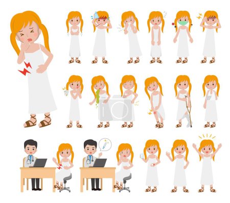 Ilustración de 18 tipos de enfermedades de la mujer, resfriados, lesiones ilustración personajes de dibujos animados vector conjunto - Imagen libre de derechos