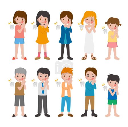 Illustration for 10 male vs female vs child, tooth decay or toothache or neuralgia, cartoon characters vector set - Royalty Free Image
