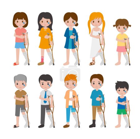 10 types of men and women and children with leg fracture, trauma impact, using bandages and medical equipment aids, cartoon characters vector set