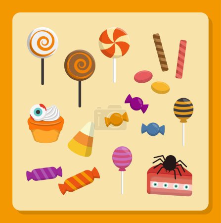 Téléchargez les illustrations : Bonbons d'Halloween colorés, astuce ou traiter icône dans le style mignon dessin animé illustration vectorielle comique - en licence libre de droit
