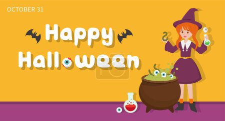 Ilustración de Cartel horizontal para Halloween, bruja con caldero y veneno, ilustración vectorial de dibujos animados - Imagen libre de derechos