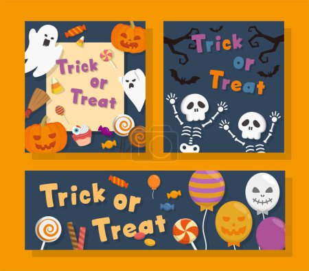 Illustration for Set of posters for Halloween, pumpkins with cute and scary ghosts and skeletons, invitation cards flat design vector illustration - Royalty Free Image