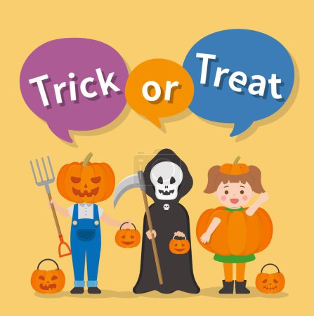 Illustration for Cute and playful children in halloween costumes, trick or treat, vector illustration in cartoon and comic style - Royalty Free Image