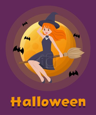 Illustration for Halloween witch riding a broom in the night sky, cartoon comic vector illustration - Royalty Free Image