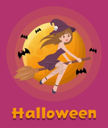 Téléchargez les illustrations : Halloween sorcière chevauchant un balai dans le ciel nocturne, illustration vectorielle de bande dessinée - en licence libre de droit