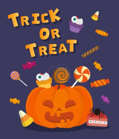 Illustration for Halloween pumpkin filled with all kinds of candy biscuits, cartoon comic vector illustration, card - Royalty Free Image