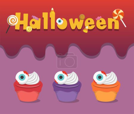 Illustration for 3 colorful halloween cup cakes and banner card designs, cartoon comic vector illustration - Royalty Free Image
