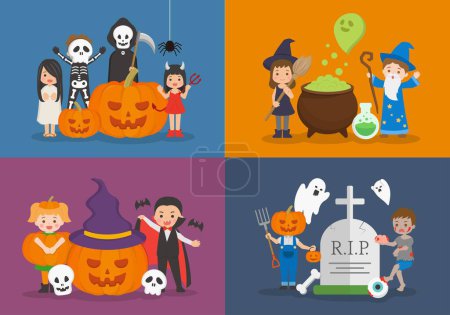 Téléchargez les illustrations : Ensemble d'affiches d'illustrations vectorielles d'Halloween ou de cartes d'invitation avec des enfants mignons déguisés en sorcières ou Jack-o '-lanternes ou fantômes - en licence libre de droit