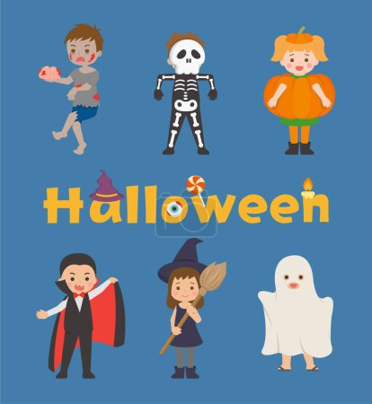 Téléchargez les illustrations : 6 adorables costumes d'Halloween pour enfants, zombies, squelettes, citrouilles, vampires, sorcières et fantômes - en licence libre de droit