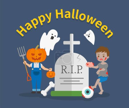 Illustration for Cute and playful children's Halloween costumes, jack-o-lanterns, zombies, ghosts, and graves - Royalty Free Image